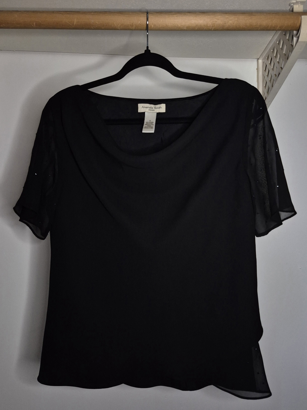 Amanda Smith Black Sheer Short Sleeved Rhinestone Top